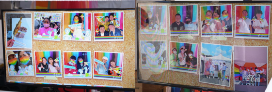 TRP2022のフォトブースの写真。モニターにコルクボードに写真が留められているデザインの画面が表示されており、フォトブースで撮影した写真が展示されている